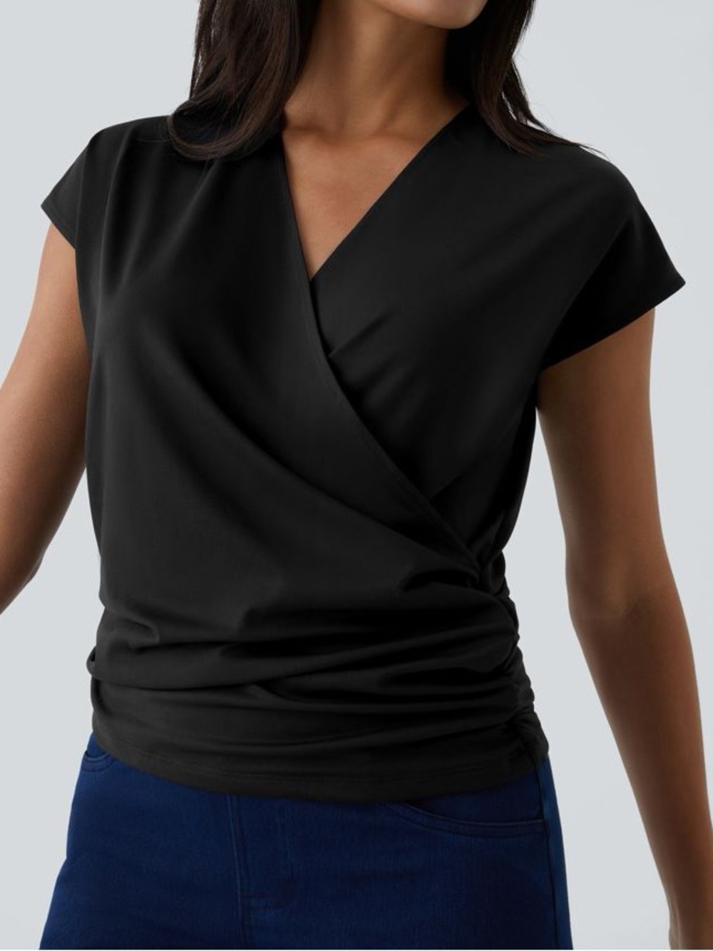 Halara Black V Neck Cap Sleeve Crossover Ruched Solid Work Blouse Size Small